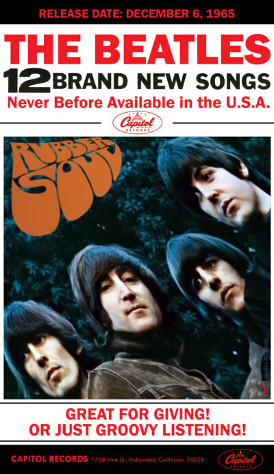 A promotional ad for the Beatles' release of Rubber Soul, December 1965.